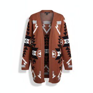Chouyatou Southwestern Aztec Open Front Cardigan Sweater Brown Size S